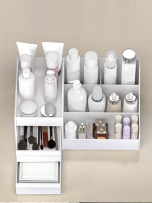 1pc White/Pink Double Layer Jewelry & Cosmetic Organizer Box With Lipstick Grid - White - View 8