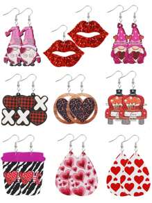 9對情人節木製雙面印花吊掛耳環,配有可愛的精靈、愛心、嘴唇、心形、西部牛仔、豹紋、格子、條紋、斑馬紋和野外風格單色耳環,適合女性 - 9件套裝 - 查看 13