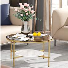 Round Coffee Table 2-Tier Coffee Accent Table W/ Tempered Glass Top Sintered Stone End Table Metal Frame Center Table For Bedroom, Offices Display - Gold - View 3