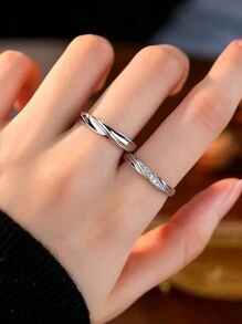 1 套简约时尚可调节情侣戒指，带钻孔宝石，婚礼或情人节礼物，情人节、妈妈、母亲、母亲节、礼物 - 復古銀色 - 查看 4