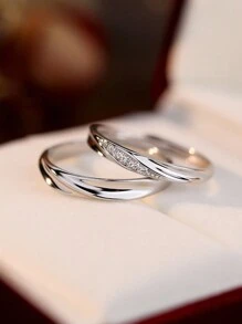 1 套简约时尚可调节情侣戒指，带钻孔宝石，婚礼或情人节礼物，情人节、妈妈、母亲、母亲节、礼物 - 復古銀色 - 查看 5