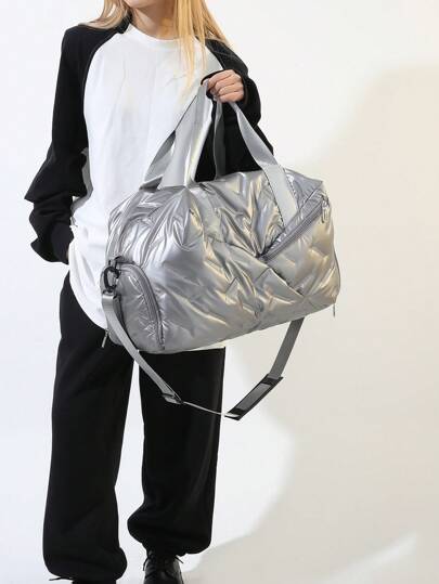 New Fashion Large Capacity Glossy PU Waterproof Design, Quilted Rhinestone Lattice Splicing Zipper Closure Shoulder Tote Bag, Travel Vacation Essential Shoulder Bag, Down Jacket Bag, Weekend Overnight Bag, Yoga Fitness Bag, Campus Commuter Bag, Suitable For Short Trips, College Students Outdoor Vacation, Back To School Use Bag For School School Accessories School Stuff