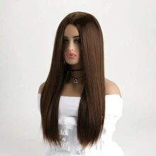 女性時尚自然中分長直淺棕色26英吋合成髮假髮,適合日常穿著、萬聖節、cosplay、化裝舞會 - Light Brown - 查看 5