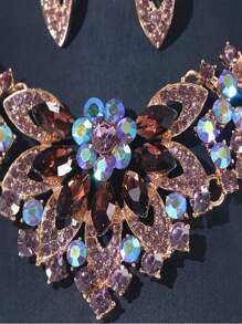 3pcs,Vintage Style Bridal Necklace Earrings Set Exaggerated Crystal Jewelry Set For Wedding - Purple - View 2