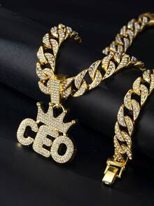 1 套男女通用 13 毫米个性化嘻哈精致皇冠和首席执行官字母全水钻吊坠项链手链组合，欧美街头风格，适合万圣节、圣诞节、感恩节，作为精美礼物
