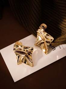 1 对夸张不对称造型非穿孔镀铜夹式耳环，表面闪亮，适合女性日常佩戴 - 金黃色-耳夾 - 查看 11