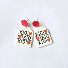 1對簡約歐美風格誇張可愛壓克力吊墜耳環,帶有格子、條紋、粉紅心形和 Xoxo 印花,適合情人節、秋冬、聖誕節、節日等場合 - 黑色 - 查看 4