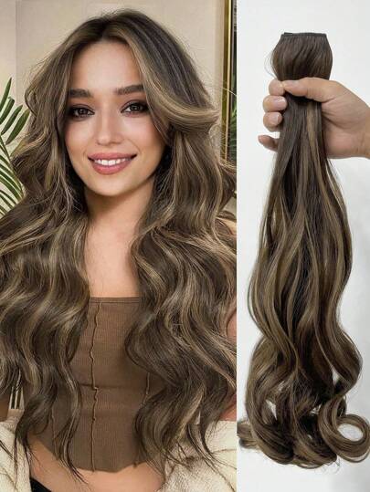 20英寸卷曲波浪隐形接发，栗棕色带金色挑染，尺寸可调节，带可拆卸夹子，女士适用