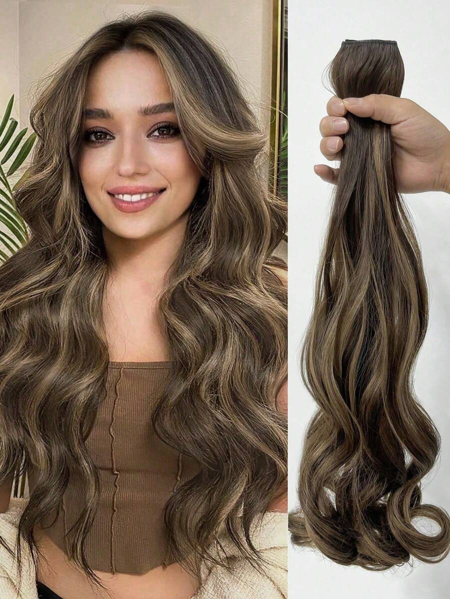 20-Inch Curly Wavy Invisible Hair Extensions, Chestnut Brown With Golden Highlights, Adjustable Size And Detachable Clips For Women