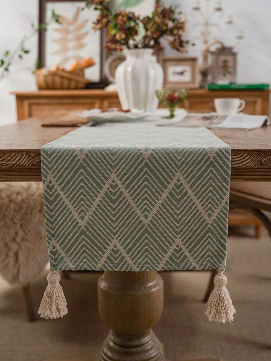 1入現代風格幾何圖案桌旗，提花技藝長條桌布，適用於餐桌、咖啡桌、電視櫃、五斗櫃防塵套裝飾床旗 - 綠色 - 查看 1