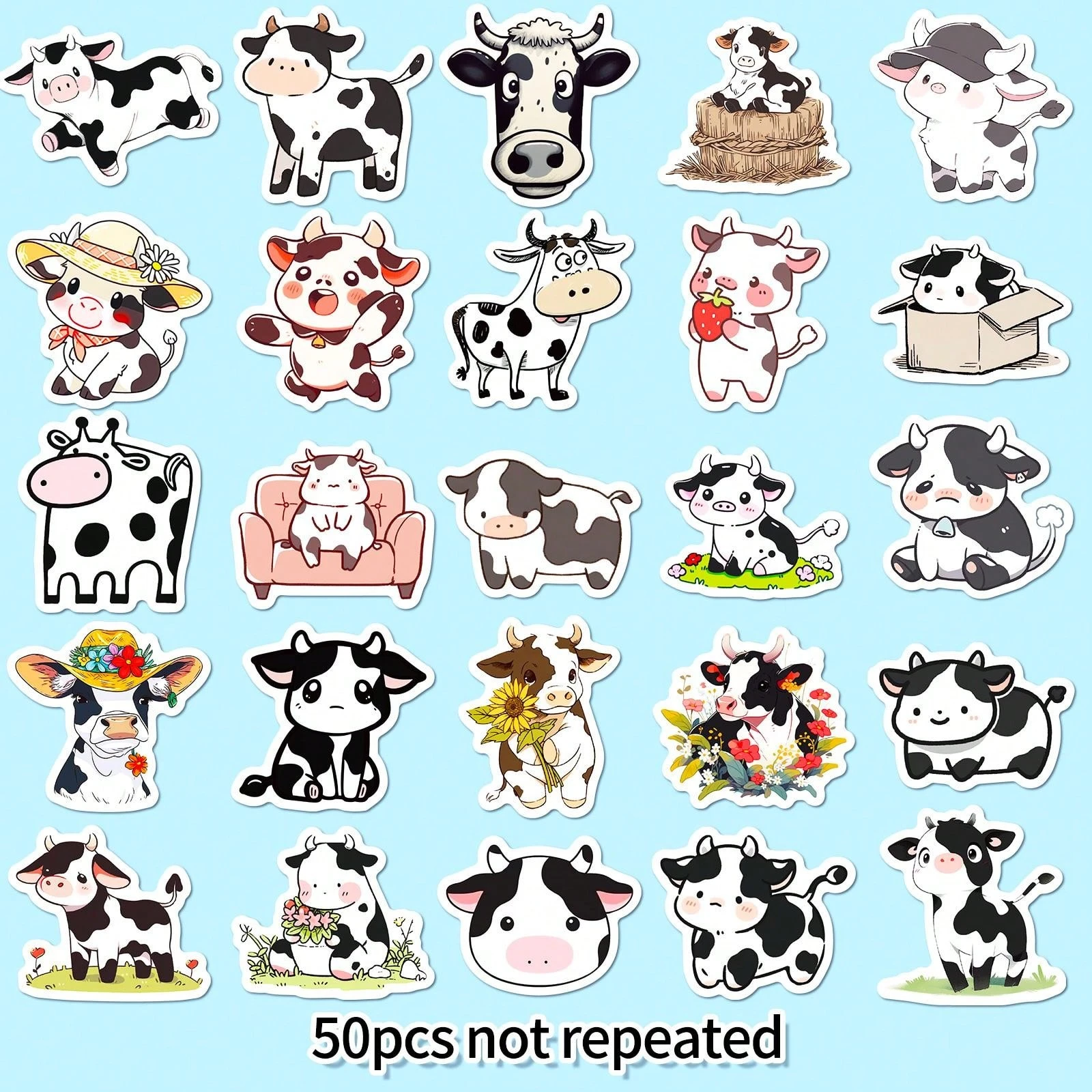 50pcs/Pack Cute Cartoon Black And White Cow Doodle Pp Stickers, Perfect