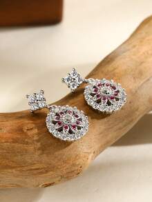 1對時尚優雅的雙色鋯石耳釘,銀色,適合女性在日常生活和各種活動中佩戴 - 玫紅色 - 查看 1