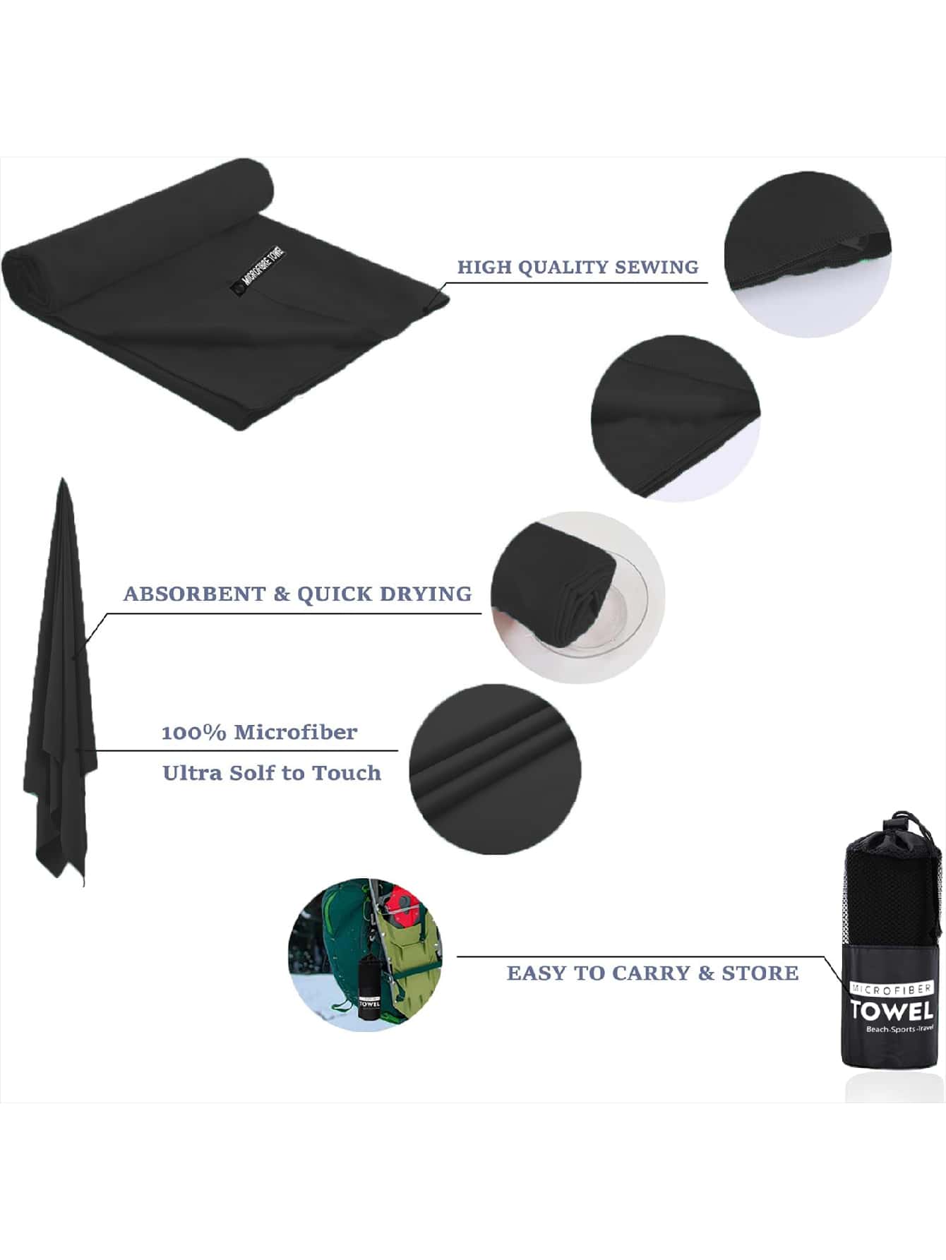 Black MultiSize Ultrafine Fiber Towel, SandFree Beach Towel