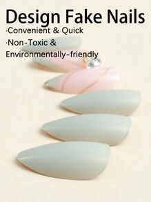 24pcs Grey, Pink & Almond Shaped Metallic Striped Nail Stickers, Handmade Nail Art Decals Suitable For Women & Girls - Multicolor - View 3