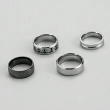 4pcs/Set Men'S Stainless Steel Black Fingerprint Skull Ring - Silver - View 2
