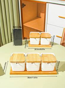 家庭調味罐套裝,香料盒,廚房鹽胡椒儲存容器有蓋子和匙子 - 白色 - 查看 3