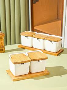 家庭調味罐套裝,香料盒,廚房鹽胡椒儲存容器有蓋子和匙子 - 白色 - 查看 2