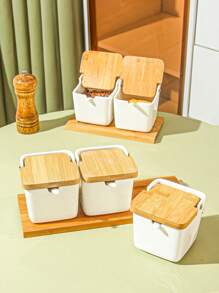 家庭調味罐套裝,香料盒,廚房鹽胡椒儲存容器有蓋子和匙子 - 白色 - 查看 4