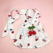2pcs/Set Pet Clothes With Hair Clip, Cute Cherry Pattern Pet Clothes For Spring And Summer, Lace Bow Tie Dog Wedding Dress, Cat Skirt Suit Pet Clothing - White - View 4