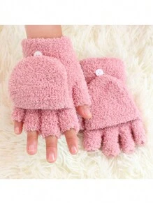 1pair Children's Winter Warm Gloves Boys And Girls Thickened Half Finger Flip Gloves - Pink - View 1