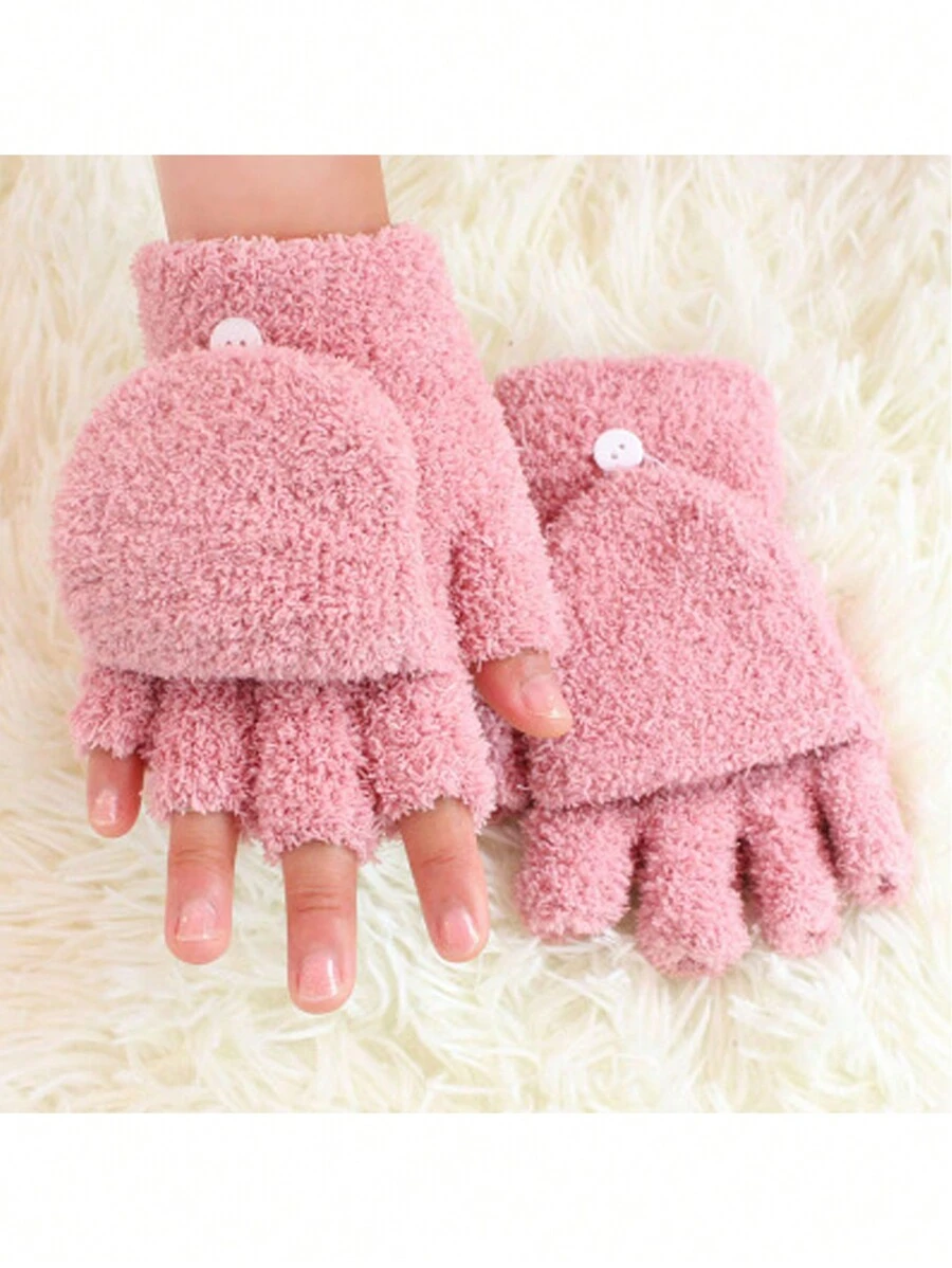 1pair Children's Winter Warm Gloves Boys And Girls Thickened Half Finger Flip Gloves - Pink - View 1