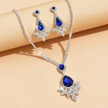 1 Pair Of Earrings + 1 Necklace Elegant Jewelry Set Silver Plated Inlaid Rhinestone Blue Or Red Make Your Call Match Daily Outfits Party Accessories - Royal Blue - View 6