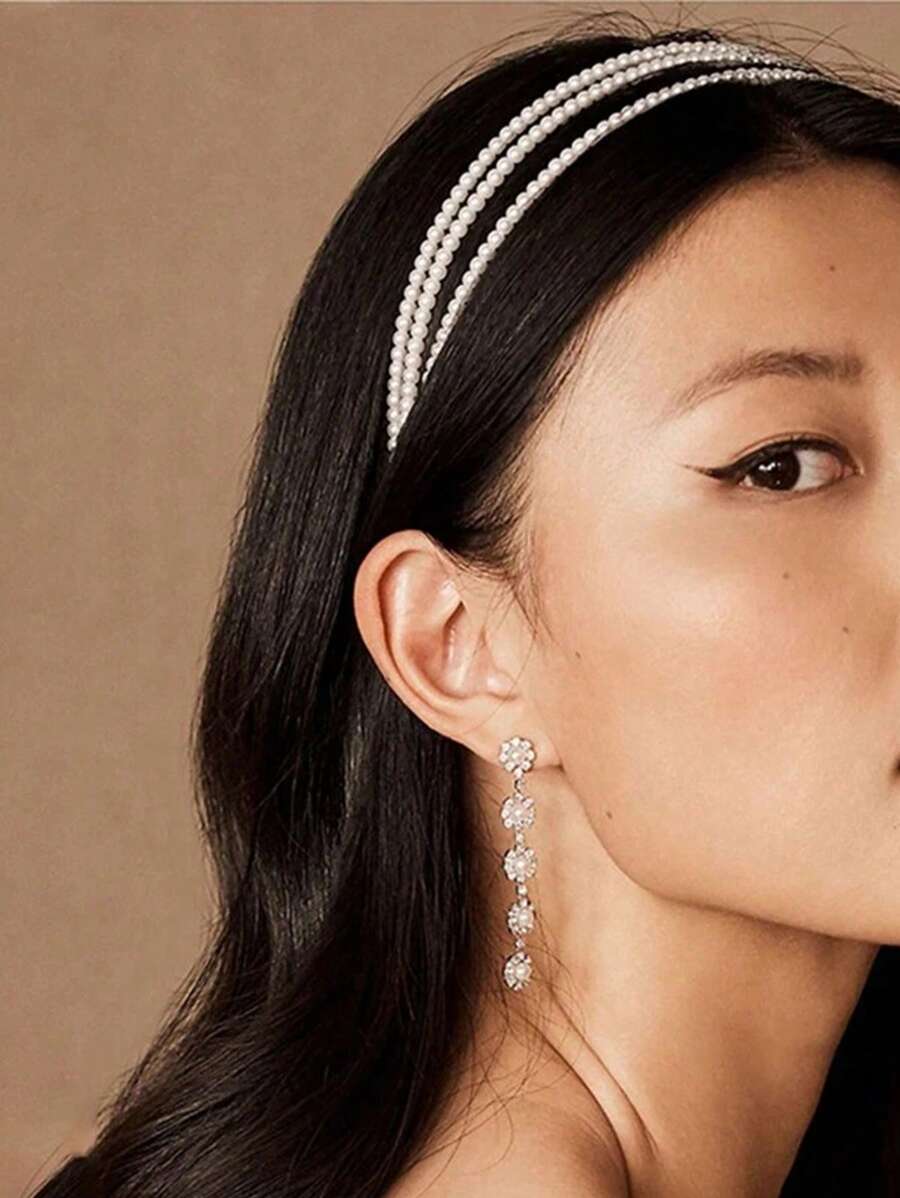 Băng đô trang trí ngọc trai giả thanh lịch, phụ kiện tóc thời trang dành cho cô dâu, phụ nữ, vương miện cài tóc, băng đô, phụ kiện đội đầu dùng hàng ngày. - trắng - Xem 1