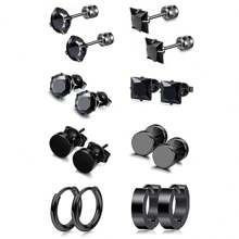 16對男女士用的耳釘,手術用不銹鋼低敏感性耳釘,帶螺紋後扣的耳釘和圈套設計,男用黑銀色耳環 - 黑與白 - 查看 3