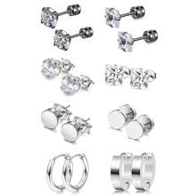 16對男女士用的耳釘,手術用不銹鋼低敏感性耳釘,帶螺紋後扣的耳釘和圈套設計,男用黑銀色耳環 - 黑與白 - 查看 4