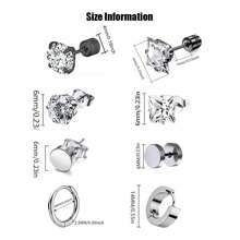 16對男女士用的耳釘,手術用不銹鋼低敏感性耳釘,帶螺紋後扣的耳釘和圈套設計,男用黑銀色耳環 - 黑與白 - 查看 2