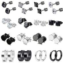 16對男女士用的耳釘,手術用不銹鋼低敏感性耳釘,帶螺紋後扣的耳釘和圈套設計,男用黑銀色耳環 - 黑與白 - 查看 1