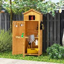 Tool Shed, Garden Cabinet With Shelves & 8 Hooks, Garden Shed With Gable Roof For Garden & Terrace, 70 X 35.5 X 176cm Natural - Brown - View 4