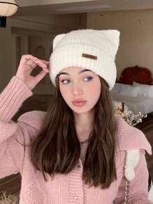 1 件女士冬季针织帽，带有可爱的猫耳朵，厚卷边和保暖内衬，适合秋冬季保暖 - 白色 - 查看 1