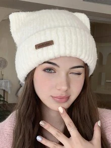 1 件女士冬季针织帽，带有可爱的猫耳朵，厚卷边和保暖内衬，适合秋冬季保暖 - 白色 - 查看 2