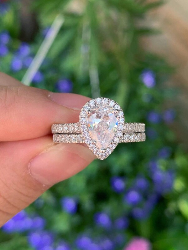 AIHUASI مجموعة خاتمي زواج من الفضة الإسترليني عيار 925 للنساء، 2 قطعة/مجموعة، قطع إجمالي 2.7 قيراط على شكل إجاصة، من الزركونيا المكعبة الفاخرة AAAAA، هدية مجوهرات فاخرة