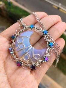 Natural Amethyst Gems Moon Star Crystal Pendant Necklace Magic Reiki Healing Chakra Amulet