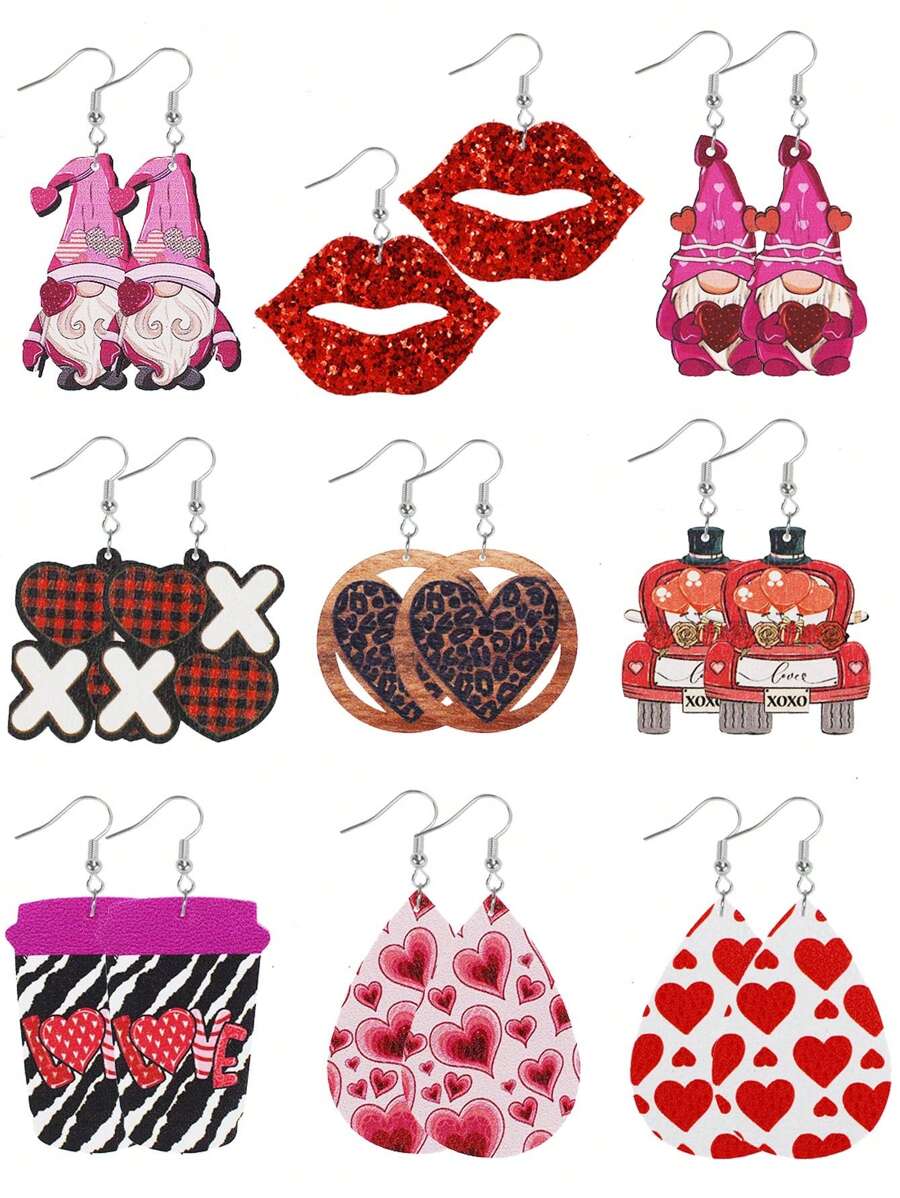 9對情人節木製雙面印花吊掛耳環,配有可愛的精靈、愛心、嘴唇、心形、西部牛仔、豹紋、格子、條紋、斑馬紋和野外風格單色耳環,適合女性 - 9件套裝 - 查看 1