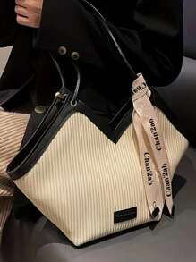 Sac à épaule en PU de conception minimaliste, convenant pour le travail, style décontracté chic, essentiel pour les femmes, parfait pour le bureau, les affaires et le travail - Noir et Blanc - Voir 5