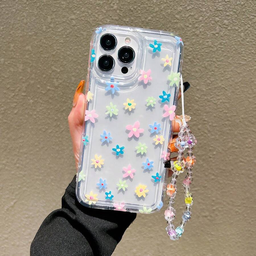 1pc Cute Colorful Floral Airbag + Floral Lanyard Shockproof Phone Case Compatible With Apple 11/12/13/14/15/16/13 Pro Max/14 Plus/15 Pro Max/XS/XR/17 Pro Max - Multicolor - View 1