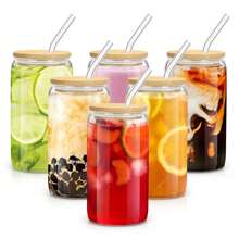 6 Pcs Glass Cups With Bamboo Lids And Straws,16 Oz Glass Tumbler With Straw And Lid, Ice Coffee Glasses Cute Tumbler Cup Great For Soda Boba Tea Cocktail Include 2 Cleaning Brushes - 6 cái 16oz trong suốt - Xem 1