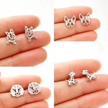 1對不鏽鋼法國鬥牛犬狗耳環,女士新奇動漫寵物寶貝珠寶首飾 - 銀色 - 查看 3