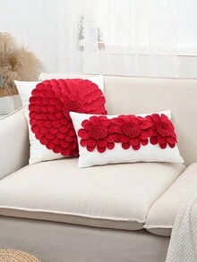 1pc Velvet Flower Decor Pillowcase Or Lumbar Pillowcase, Pillow Core Not Included, Suitable For Bedroom, Living Room, Sofa - Red and White - View 5