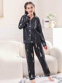 2入組少女冰絲睡衣套裝，輕盈長袖襯衫和長褲，字母印花家居服 - 黑色 - 查看 4