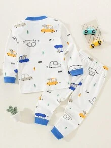 H HIBOBI Young Boy Long Sleeve Cartoon Car Print Top & Pants, Spring Autumn - Blue - View 2