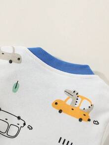 H HIBOBI Young Boy Long Sleeve Cartoon Car Print Top & Pants, Spring Autumn - Blue - View 3