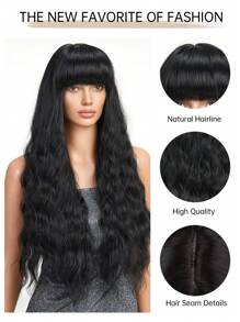 30 英寸黑色假发长卷波浪假发，浪漫美丽的合成假发，带刘海假发，适合日常生活和派对。 - 黑色 - 查看 10