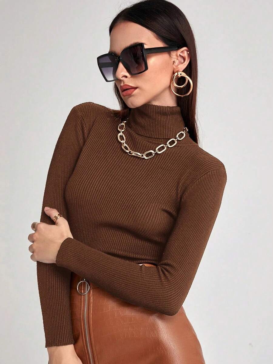 Suéter De Punto Acanalado De Cuello Alto De Color Sólido Para Mujer,Jersey de cuello tortuga tejido de canalé - Café integral - Ver 1