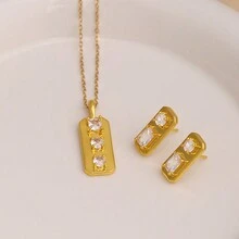 1 Set Elegant Minimalist Ins Style Geometric Square Shape Copper With Stone Earrings And Pendant Necklace Set For Couples Suitable For Daily, Festivals Such As Valentine'S Day, Christmas And Mother'S Day Gift - Yellow Gold - View 3