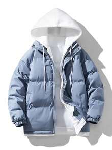 男款防風束繩連帽運動羽絨外套 - 藍色 - 查看 1
