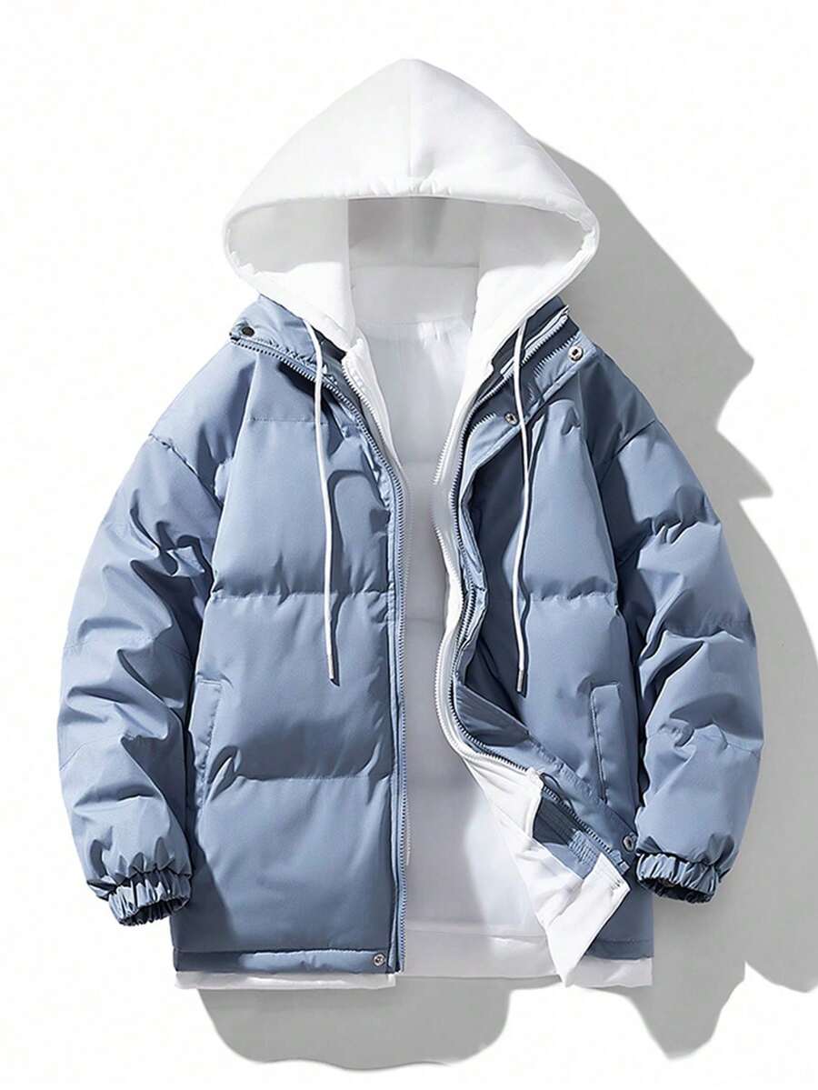 男款防風束繩連帽運動羽絨外套 - 藍色 - 查看 1